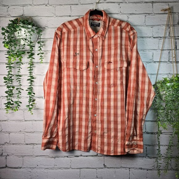 SIMMS FISHING PRODUCTS LONG SLEEVE BUTTON DOWN RUST CREAM MENS XL EUC - Picture 7 of 13